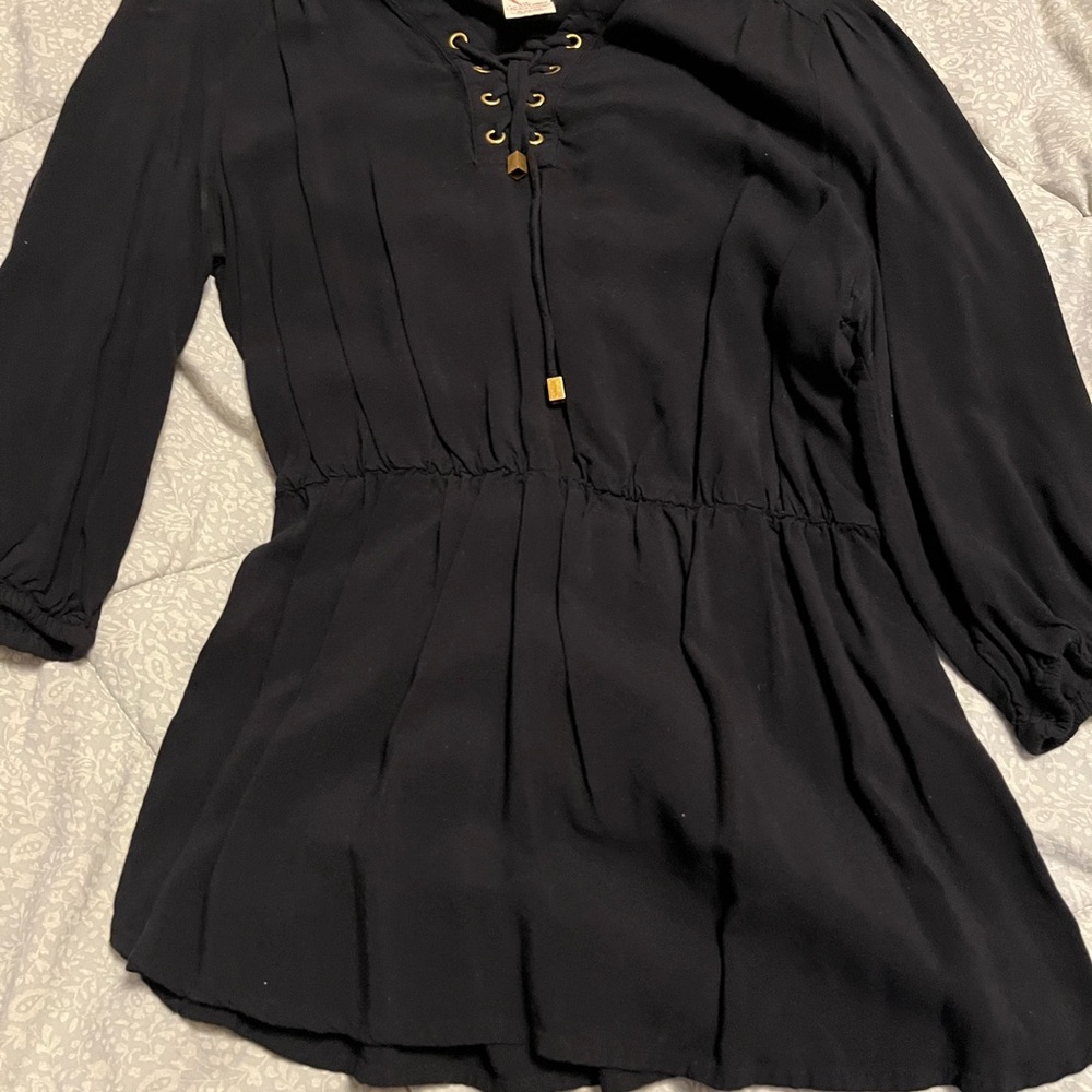 Faded Glory Black Lace-Up Peasant Tunic with Gold Accents